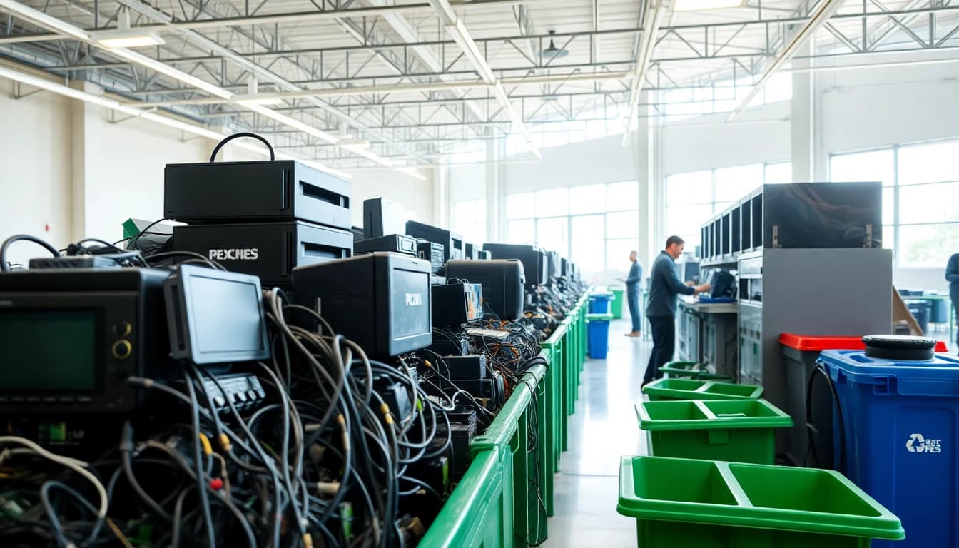 Engaging scene of computer recycling Bracknell in an eco-friendly facility with sorted e-waste.