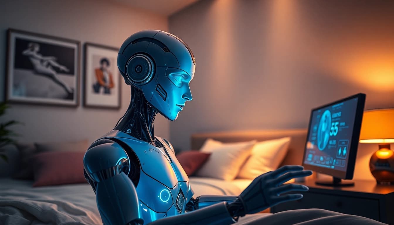 The future of sex AI represented by a sleek robot in a stylish bedroom setting, showcasing advanced technology and intimate interaction.