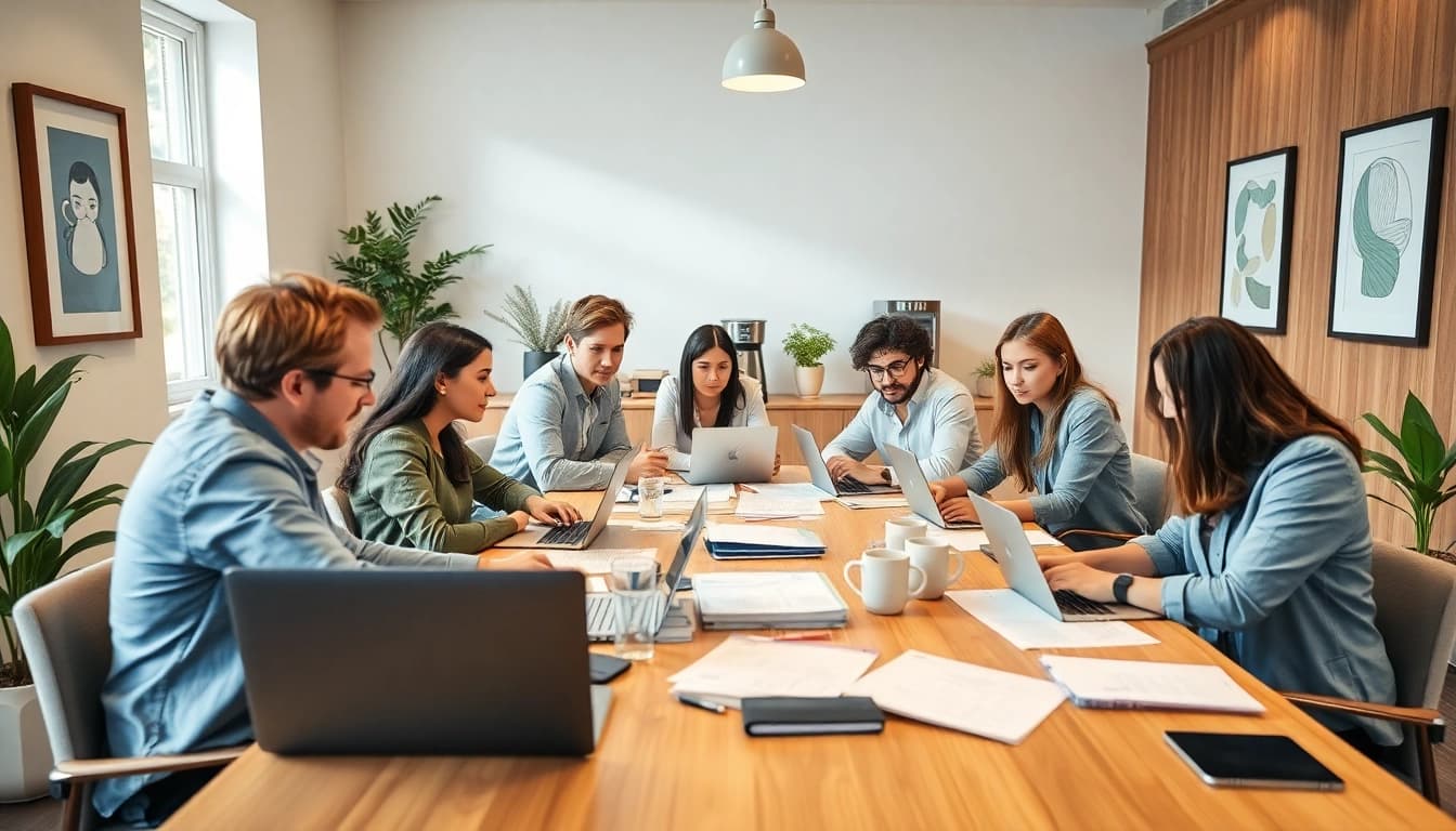 Certified translation services collaborative workspace with diverse translators.