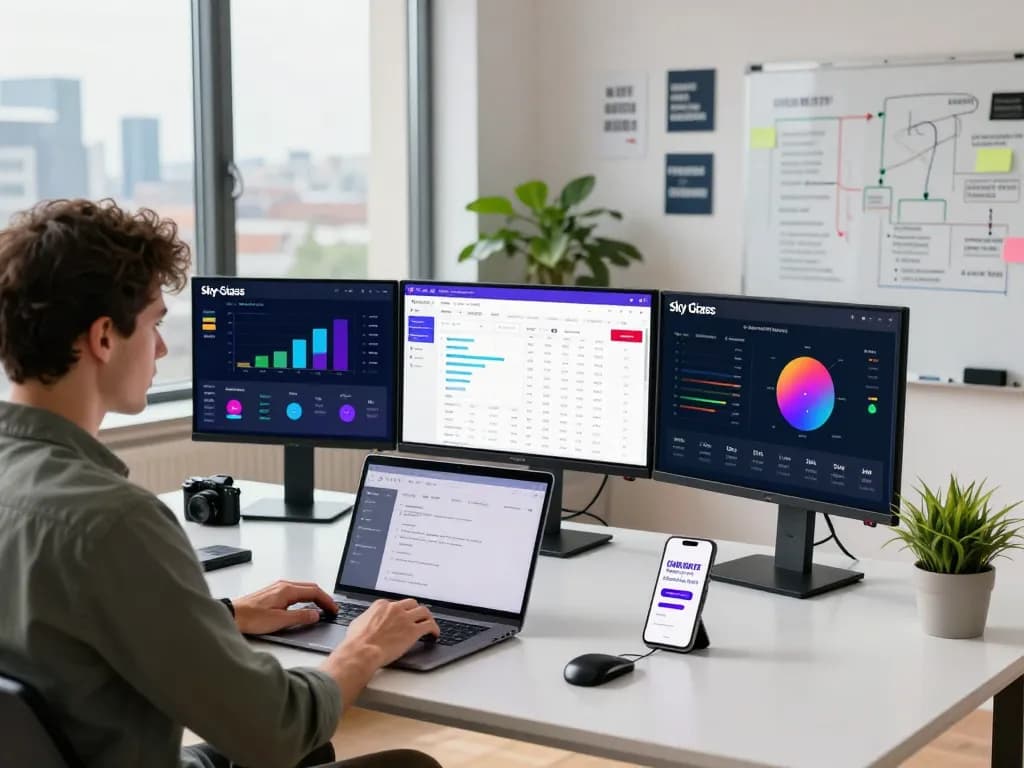 Sky Glass IPTV Reseller Panel dashboard displayed on monitors in an energetic office, illustrating analytics and marketing strategies.