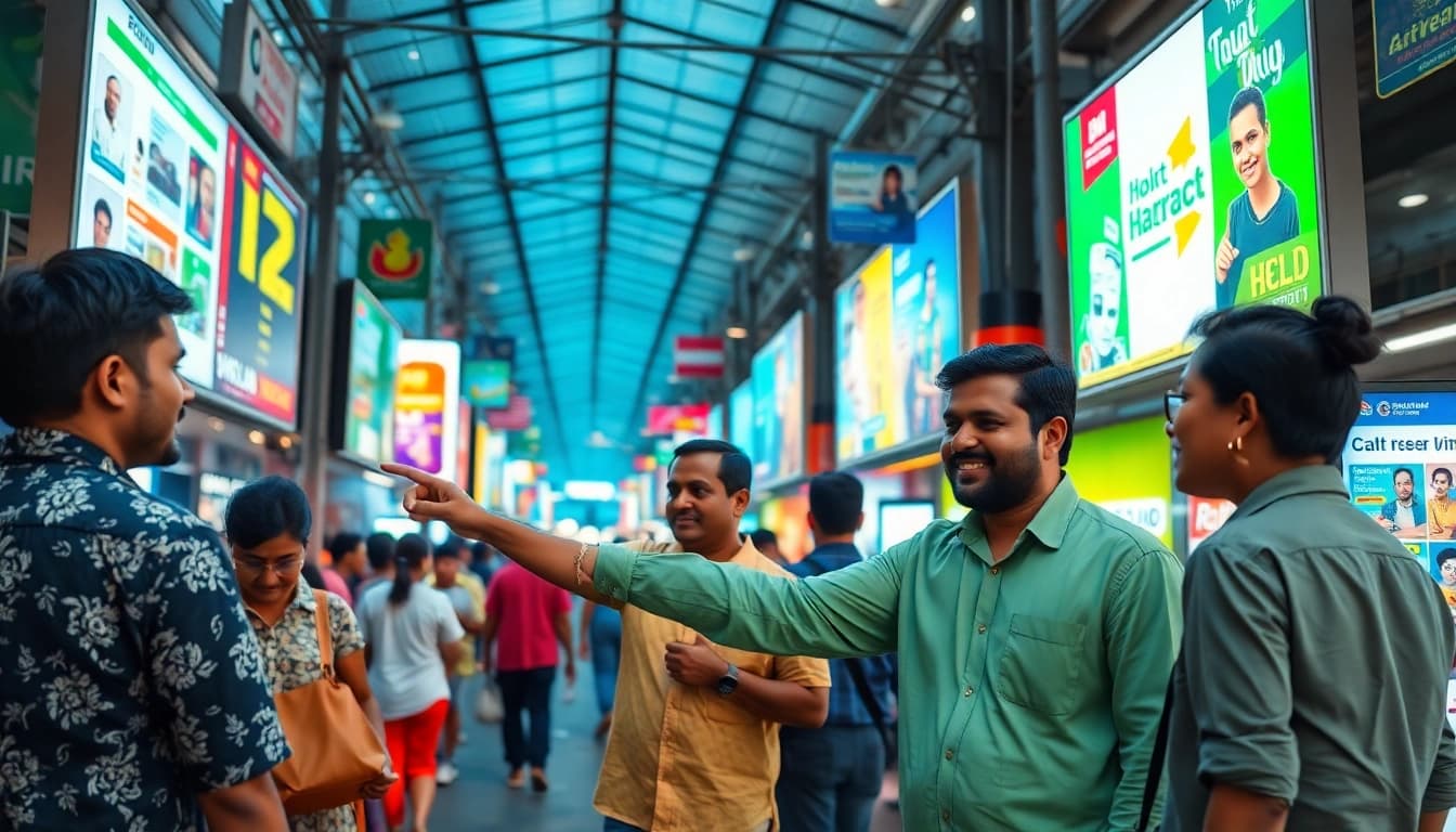 Engaging marketplace scene illustrating Hela Ads with vibrant digital screens and friendly interactions.
