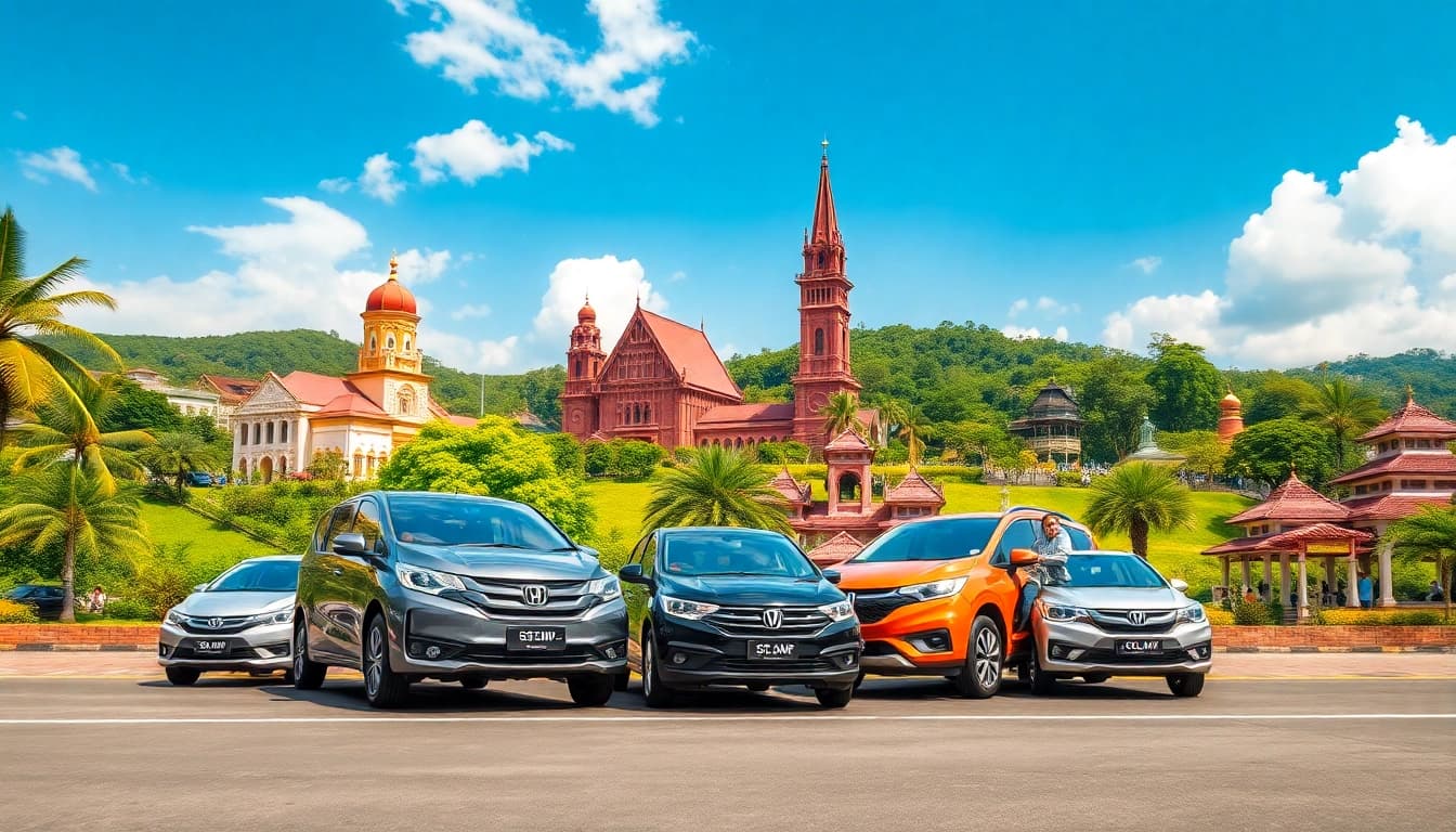 Kuching rent car scene showcasing modern cars amidst scenic landscapes and vibrant culture.