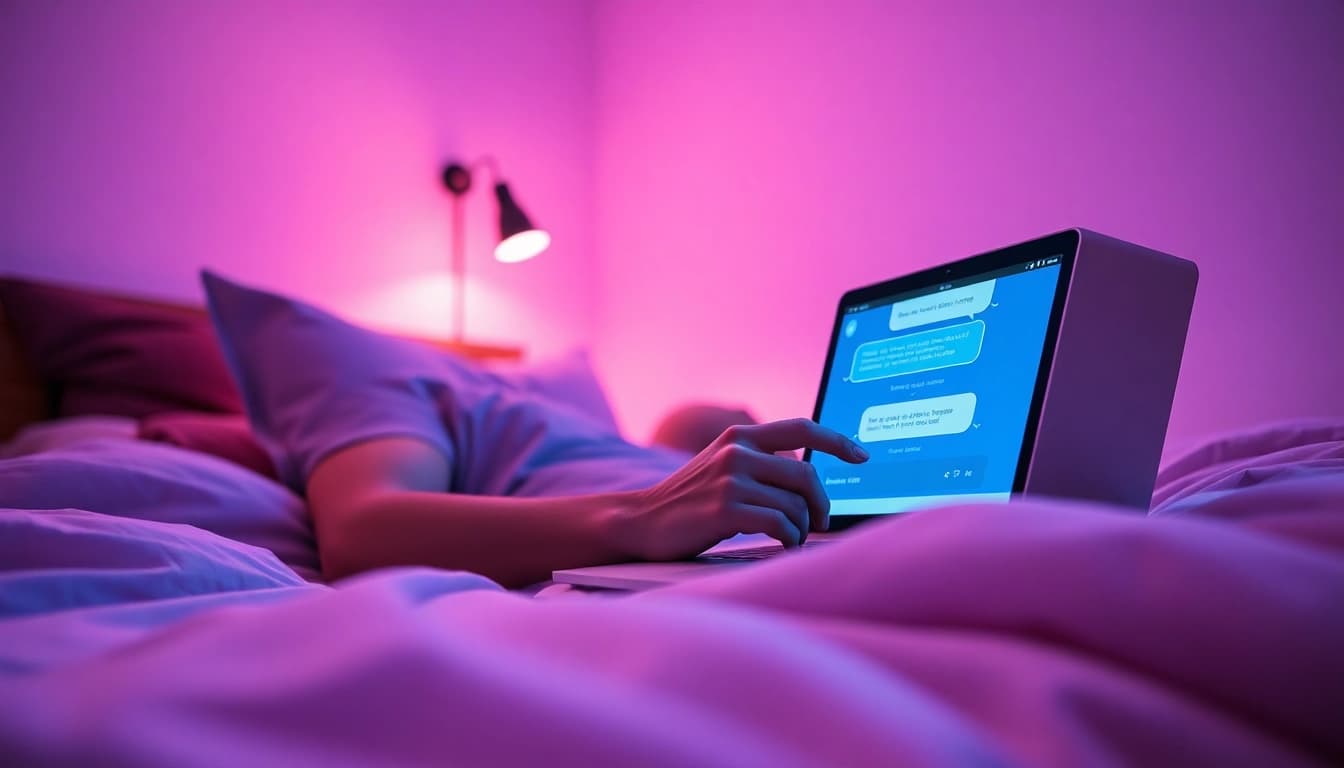 Engaging in an ai sex chat on a modern tablet in a cozy bedroom