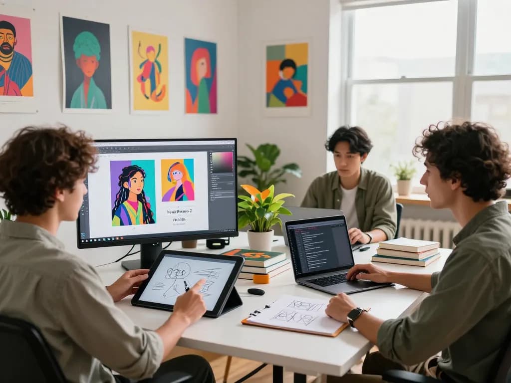 Creative team engaged with Nano Banana 2 AI image editor, showcasing collaboration and vibrant artwork.