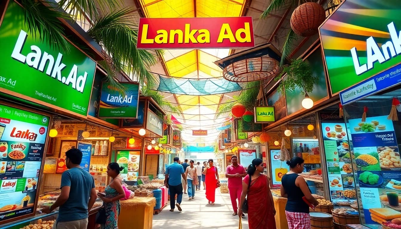 Lively Sri Lankan marketplace featuring vibrant Lanka Ad displays and local products.