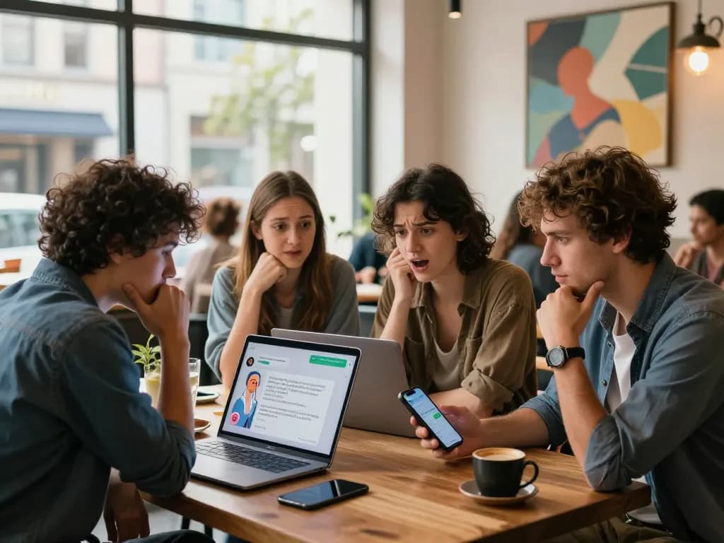 Group discussing sex AI chatbot applications in a vibrant café, highlighting technology and intimacy.