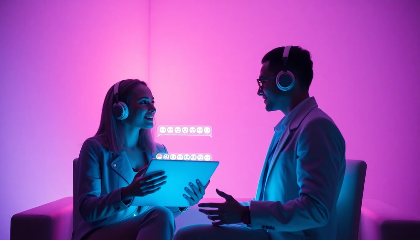 Engaging AI sex chat environment featuring futuristic characters in a warm digital setting.