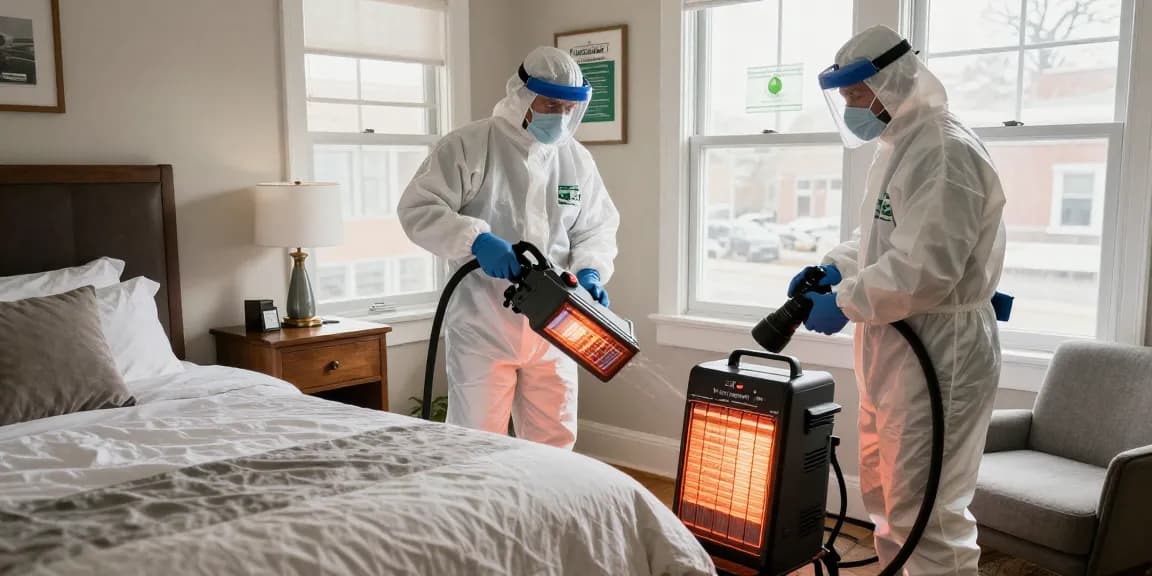 Bed bug heat treatment in Milwaukee bedroom with pest control professionals ensuring effective extermination.