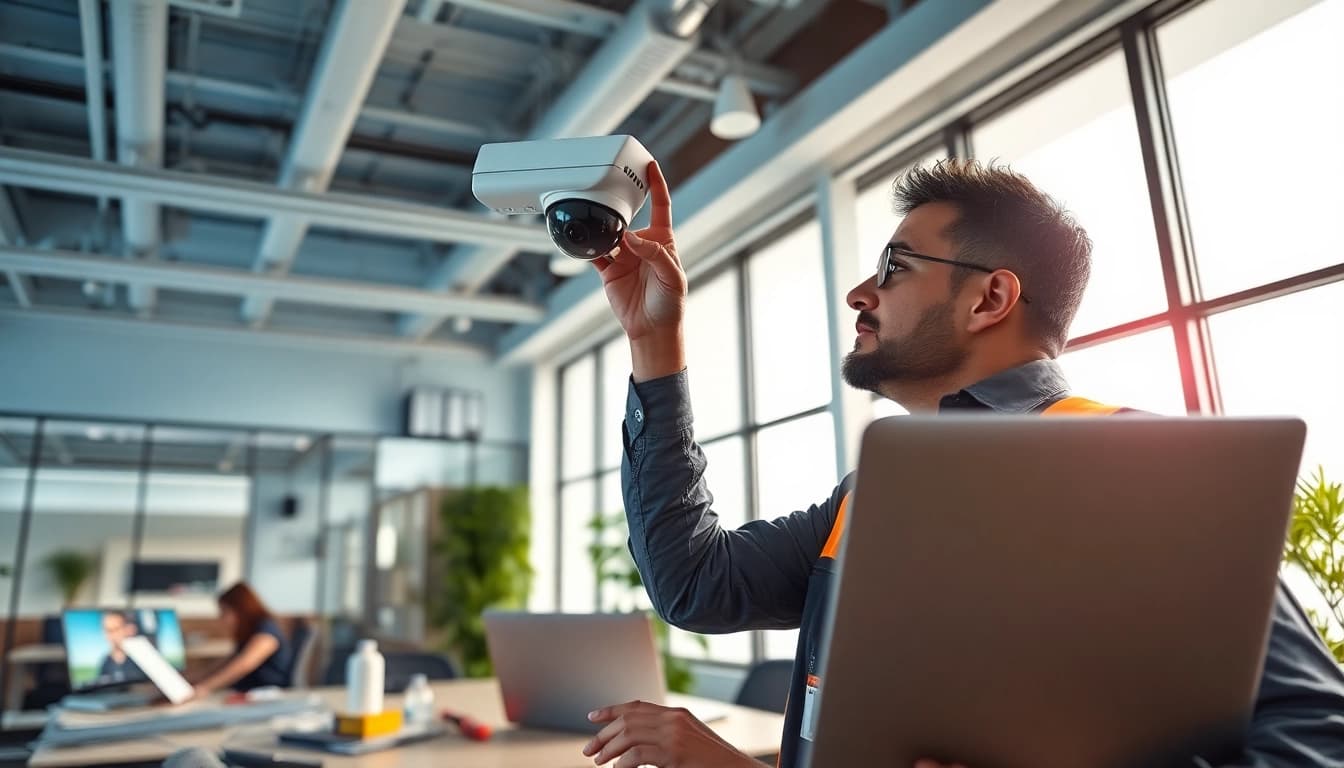 Soporte técnico en cámaras de seguridad: instalación por un técnico en un entorno de oficina moderno.