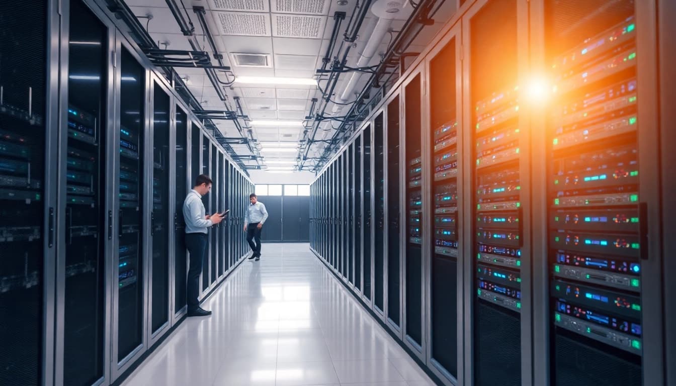 Showcasing cheap colocation solutions in a professional server room with rows of server racks.