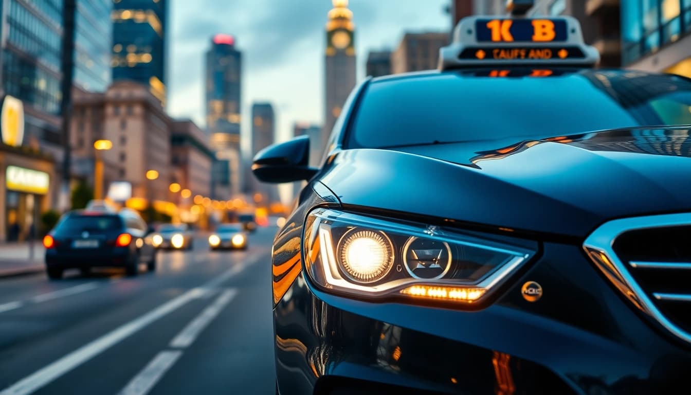 Minicabs providing reliable urban transport against a captivating city skyline.
