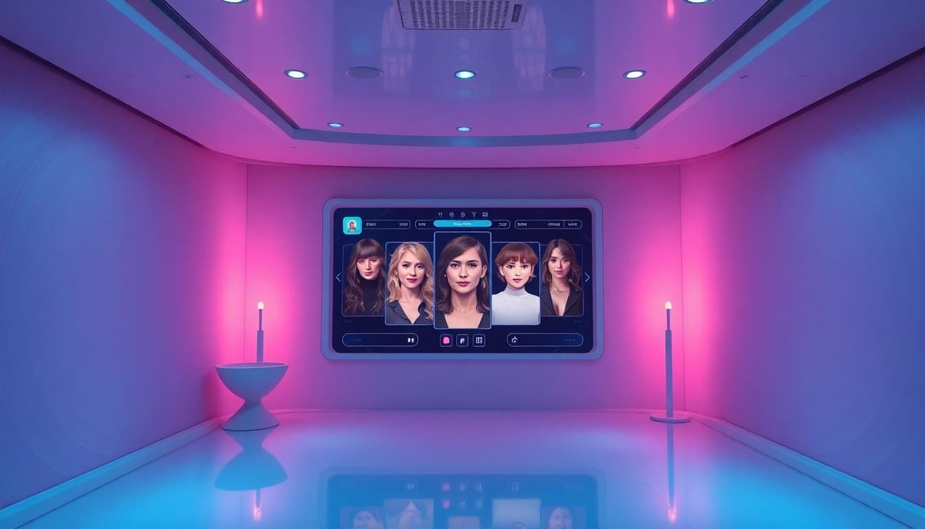 Engage in an immersive ai sexchat experience with diverse AI companions in a futuristic virtual room.