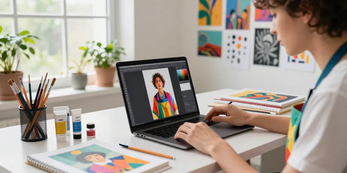 Artist generating image to prompt for AI art creation in a vibrant studio.