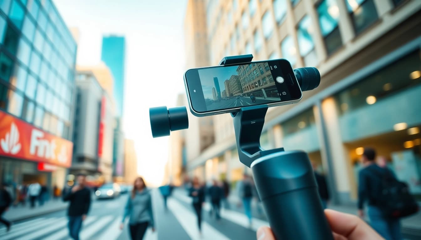 Professional smartphone gimbal stabilizing footage in a city environment.