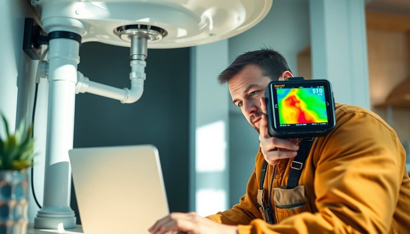 Expert technician performing water leak detection using thermal imaging.
