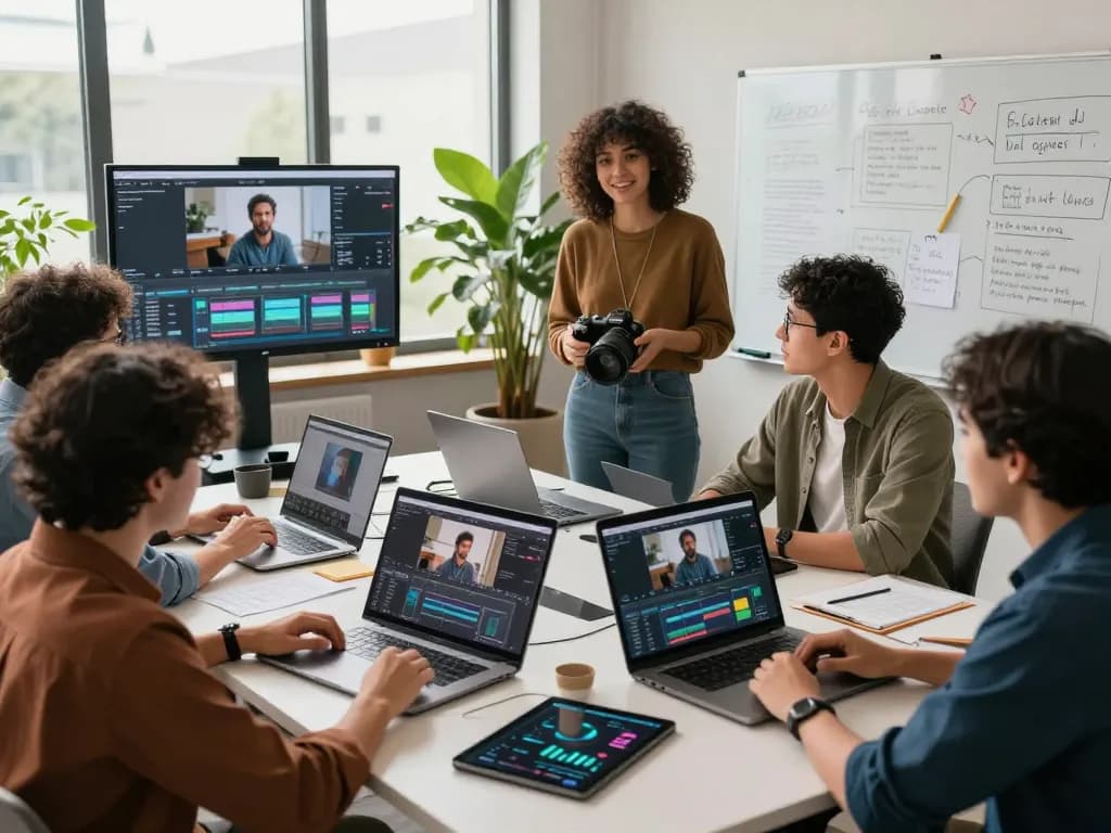 Video to prompt technology being utilized in a collaborative workspace with professionals analyzing video content and AI-generated prompts.