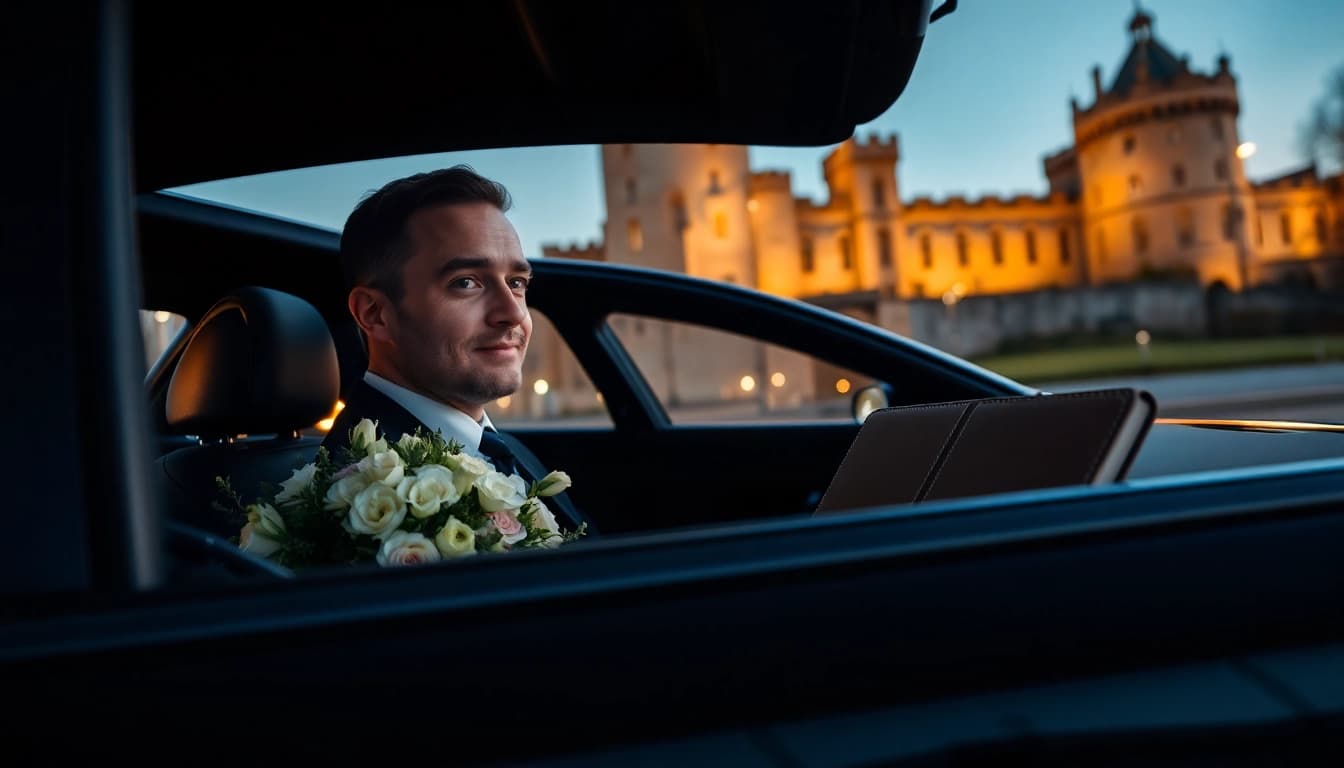 Chauffeur Hire Nottingham service featuring a professional driver next to a luxury car in front of Nottingham Castle.