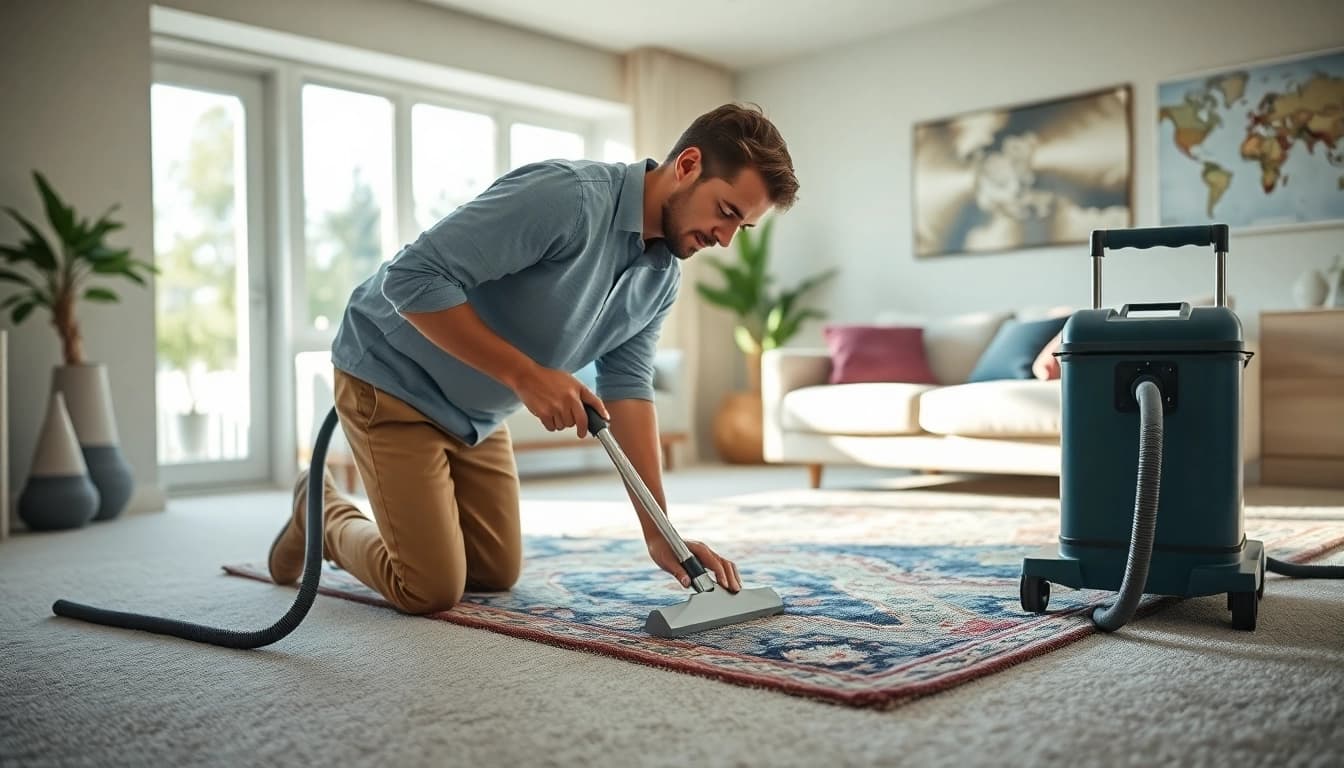 Glasgow carpet cleaning technician thoroughly cleaning an area rug in a cozy living room.