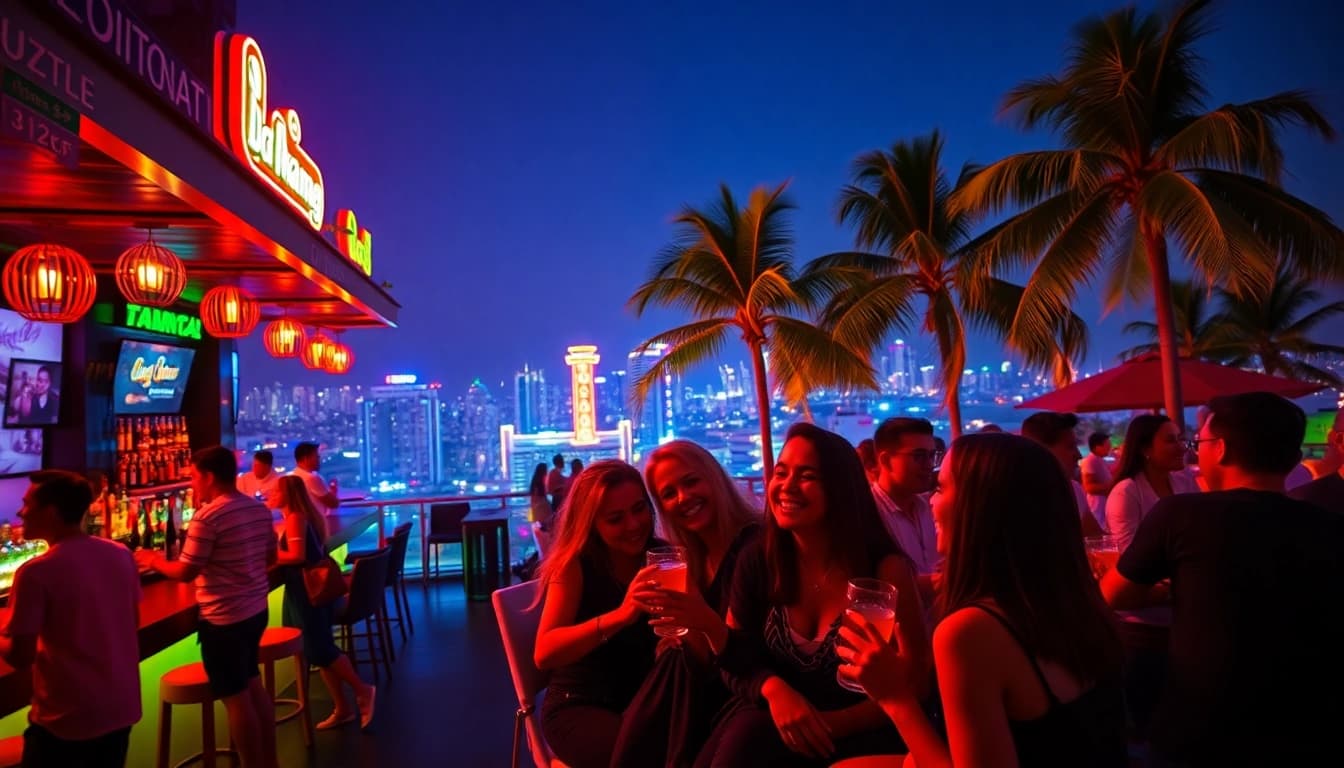Experience the excitement of 다낭밤문화 with vibrant nightlife in Da Nang, Vietnam, featuring lively bars and colorful neon lights.