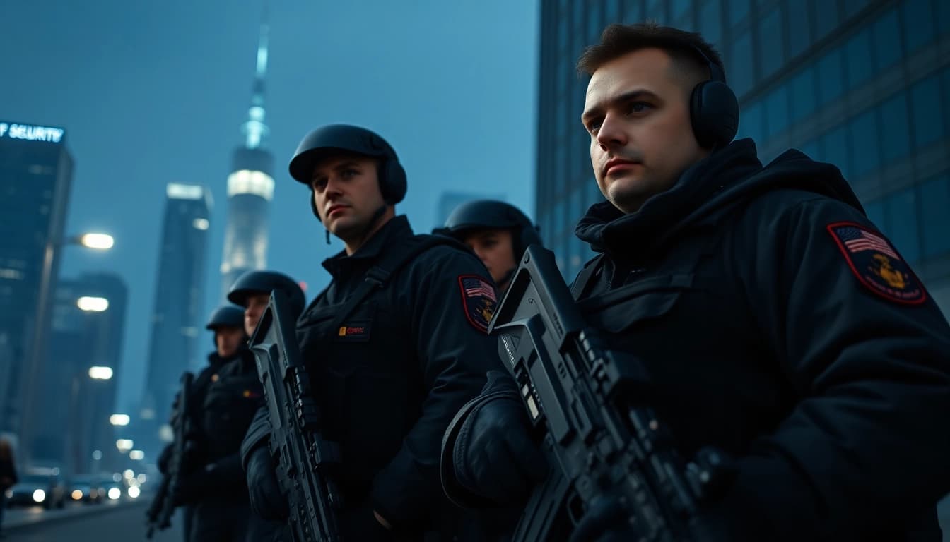 Armed private security personnel surveying an urban area with vigilance and professionalism.
