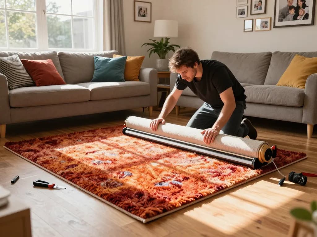 Professional carpet fitters near me installing plush carpet in a cozy living room.