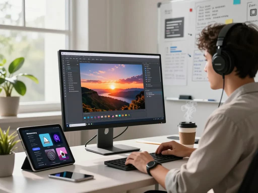 Engaged user utilizing an image to prompt tool in a modern workspace.