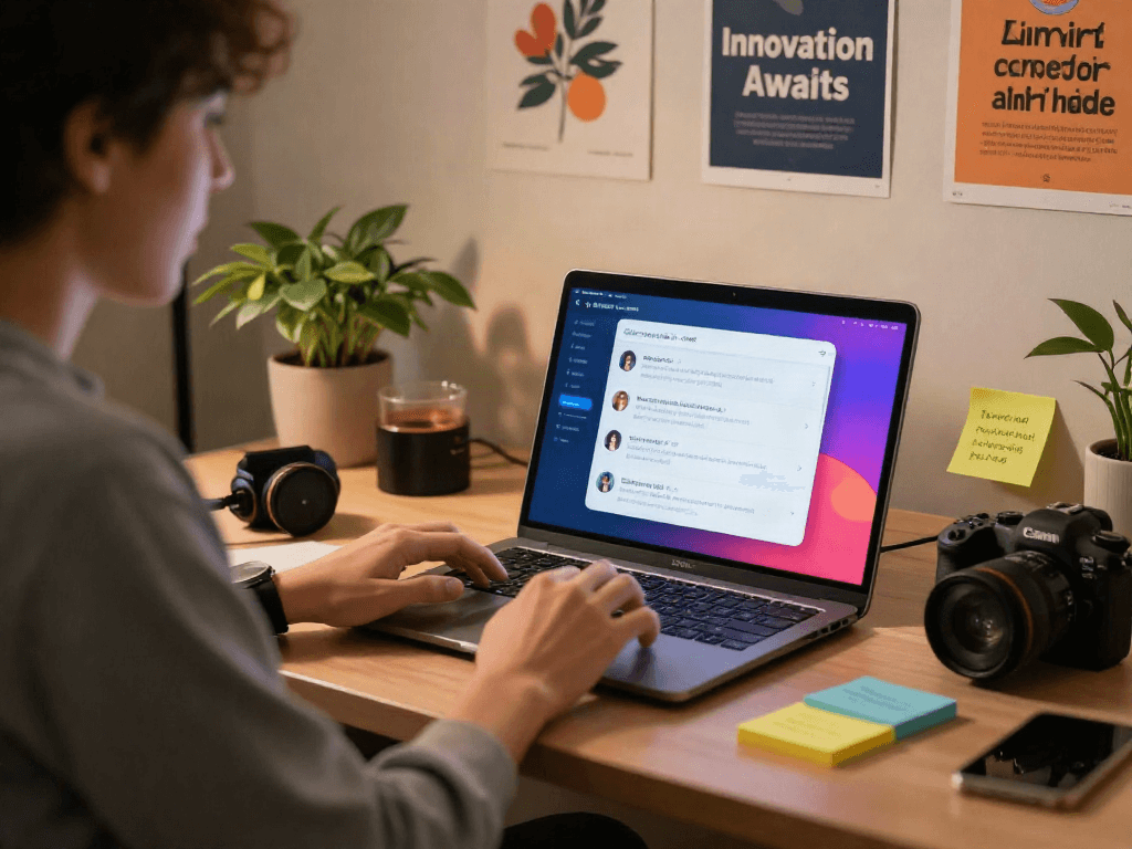 Engaging in porn ai chat on a laptop in a cozy home office setting.