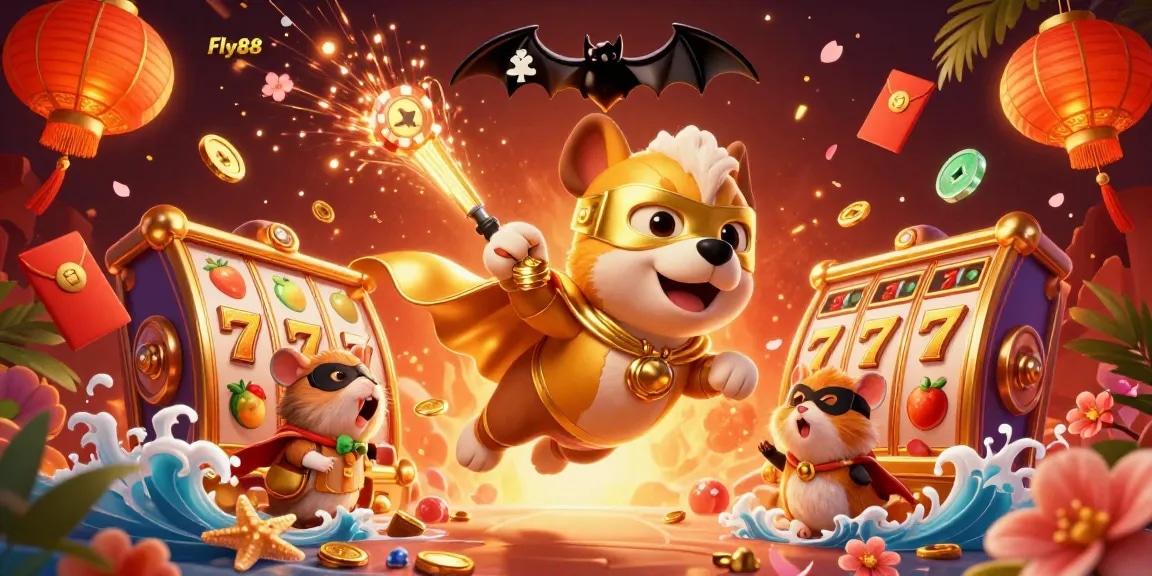 Fly88 offers exciting jackpots with a vibrant casino-themed illustration featuring a superhero dog.
