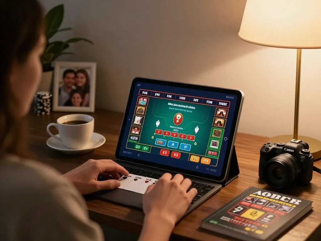 Engaged player enjoying blackjack on 888NEW tablet in cozy home, showcasing responsible gaming.