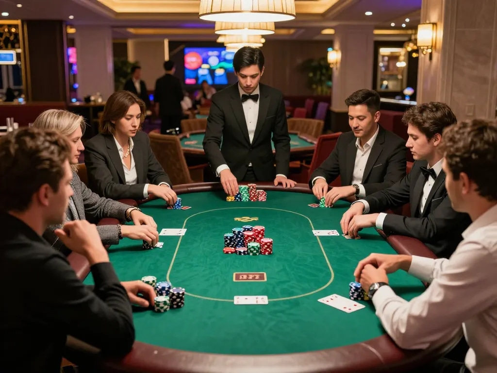 KK55 poker players strategizing wins at a luxurious table with vibrant chips and intense focus