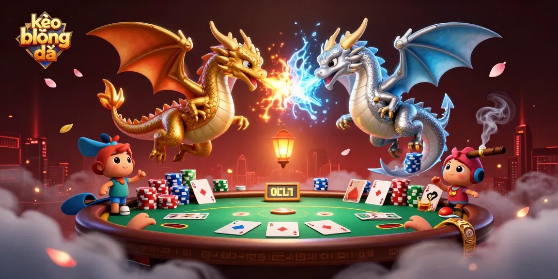 Bet on kèo bóng đá with twin dragons breathing fire and ice amid vibrant casino elements.