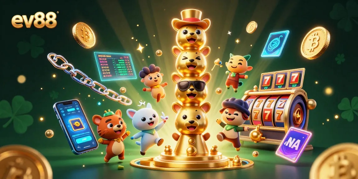 Experience exciting games at ev88 with smiles, coins, and vibrant casino elements surrounding a charming totem.