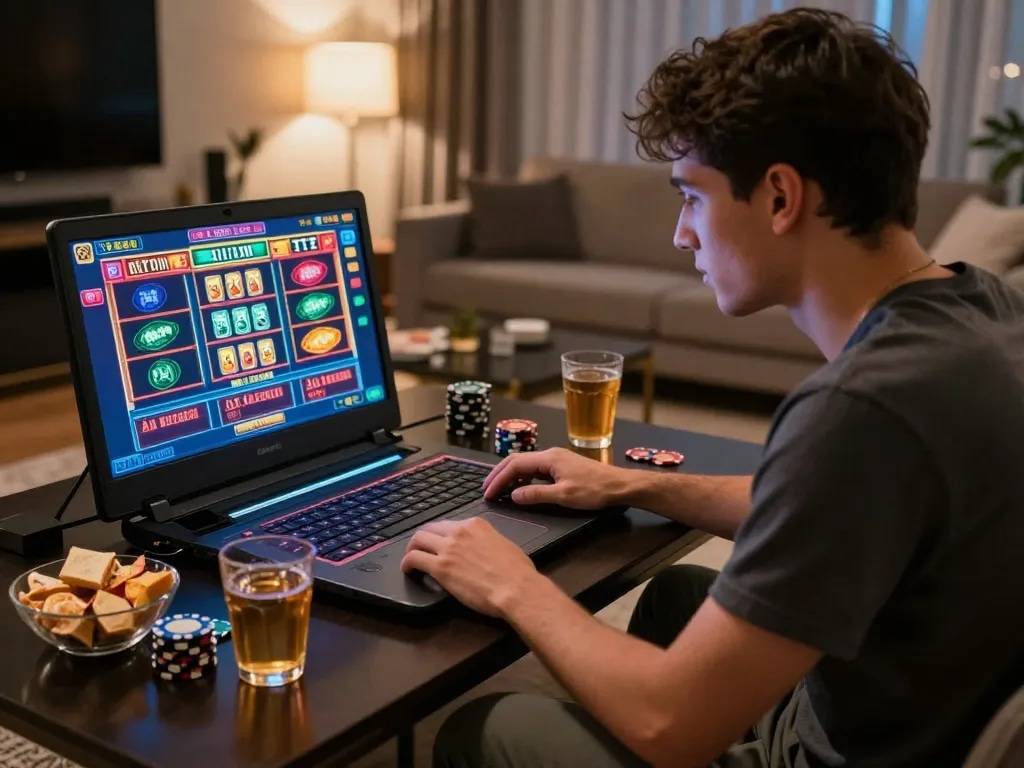 Player enjoying luck8 online slots in a stylish home setting, showcasing a vibrant gaming atmosphere.