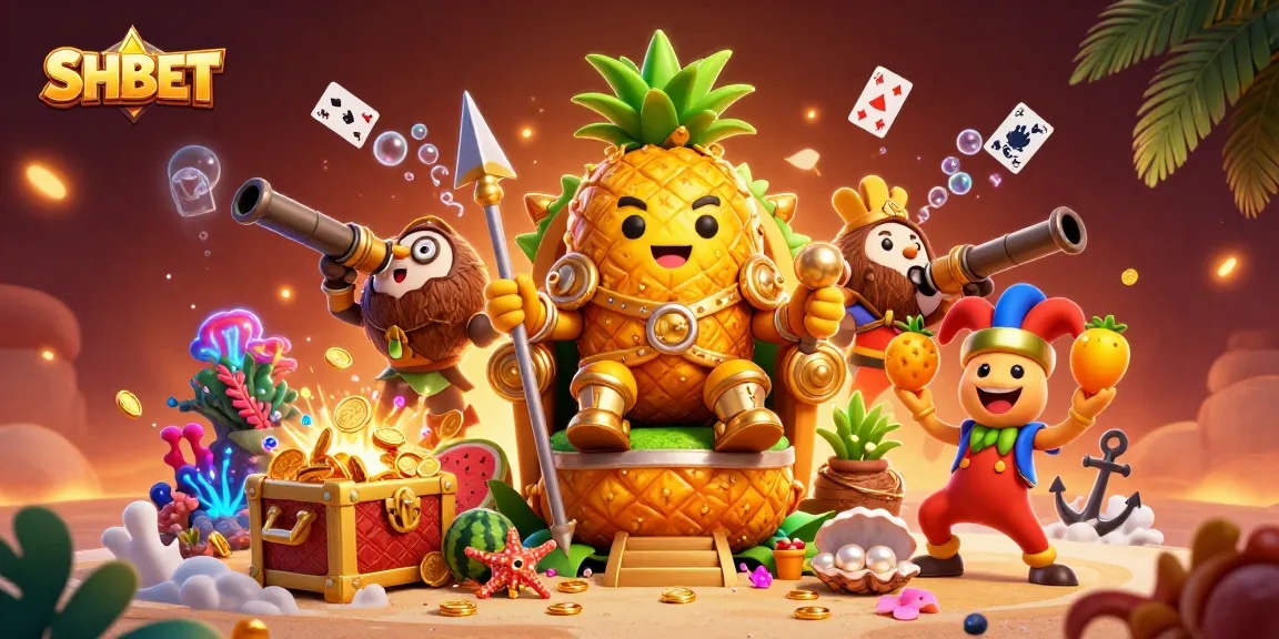 Engage with SHBET's vibrant casino world, showcasing a golden pineapple king and a lively beach scene.
