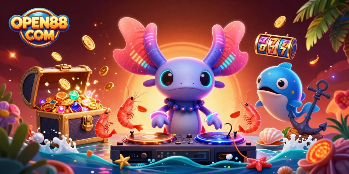 Experience the thrill of winning at OPEN88 COM with vibrant casino-themed underwater illustration full of excitement.