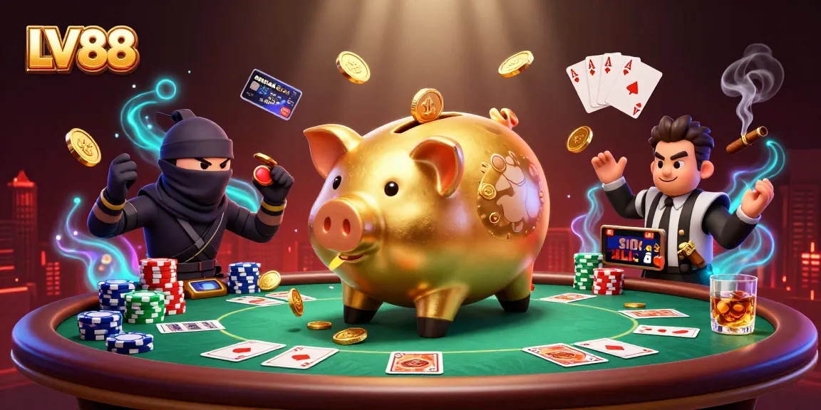 Embark on an LV88 adventure with a vibrant sumo wrestler, poker action, and dynamic game elements.