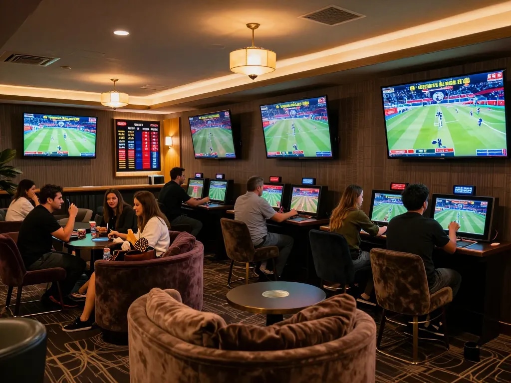 Betting on live sports at https://s8inc.com/, analyzing odds and placing wagers in an elegant lounge.