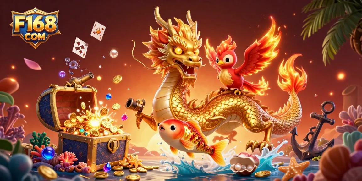 Experience thrilling gameplay at F168 COM with an engaging casino-themed 3D illustration featuring vibrant characters and elements.