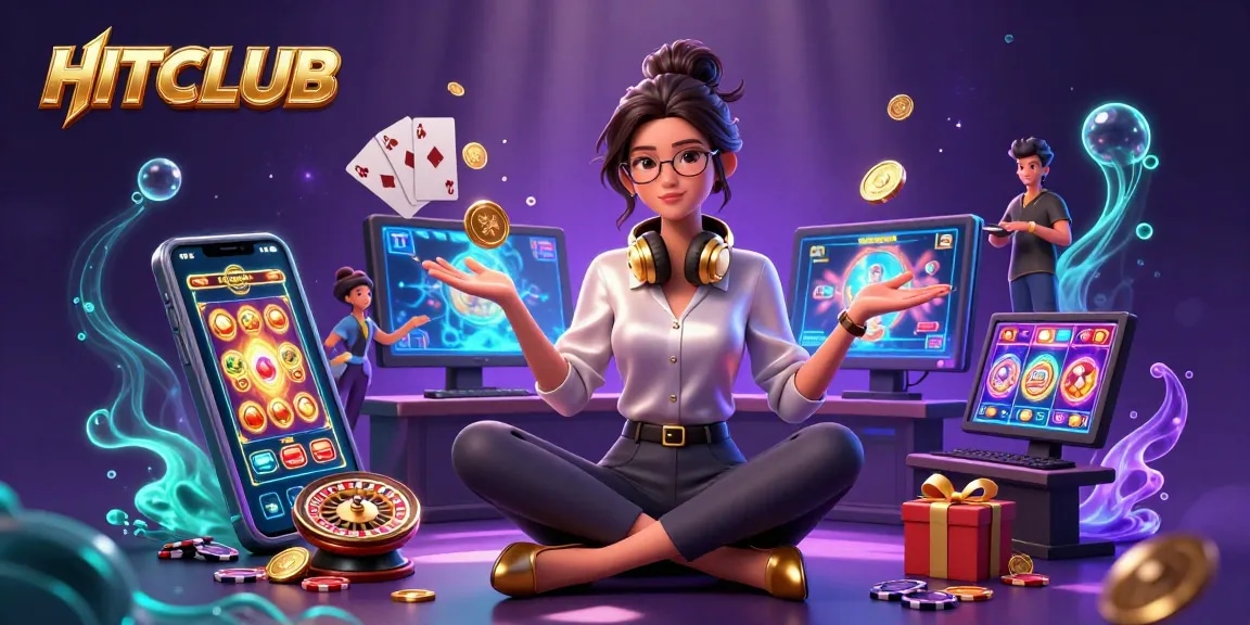 Experience HITCLUB with vibrant slot games, golden coins, and immersive gaming atmosphere.