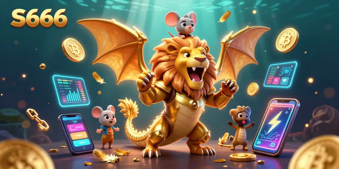 S666 showcases a thrilling golden chimera and mouse jockey amidst glowing cryptocurrency elements in a vibrant casino atmosphere.
