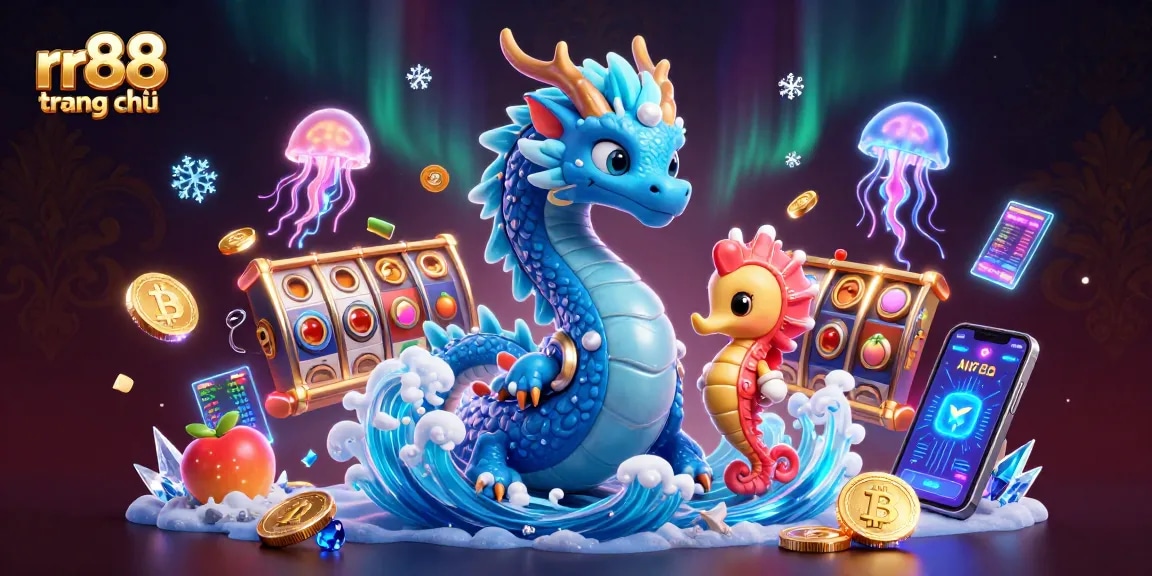 Engage in gaming excitement at rr88 trang chủ with a vibrant 3D illustration featuring dragons and crypto coins.