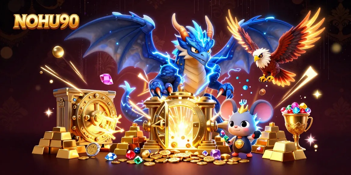 Engage with NOHU90's thrilling 3D illustration featuring dynamic casino elements and characters.