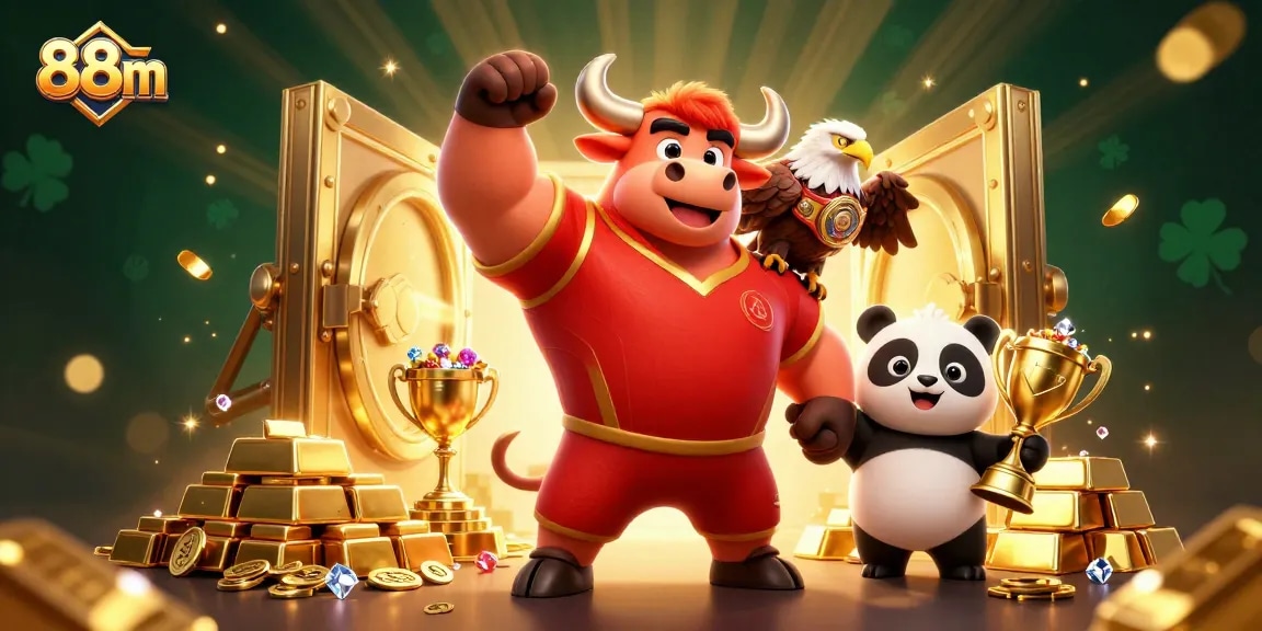Experience thrilling wins at 88m with a vibrant illustration of a bull mascot celebrating amidst lavish treasure and casino elements.