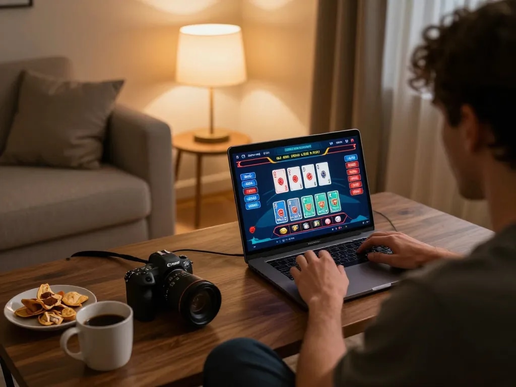 Player engaging in a strategic online game at KO66 casino platform from home.