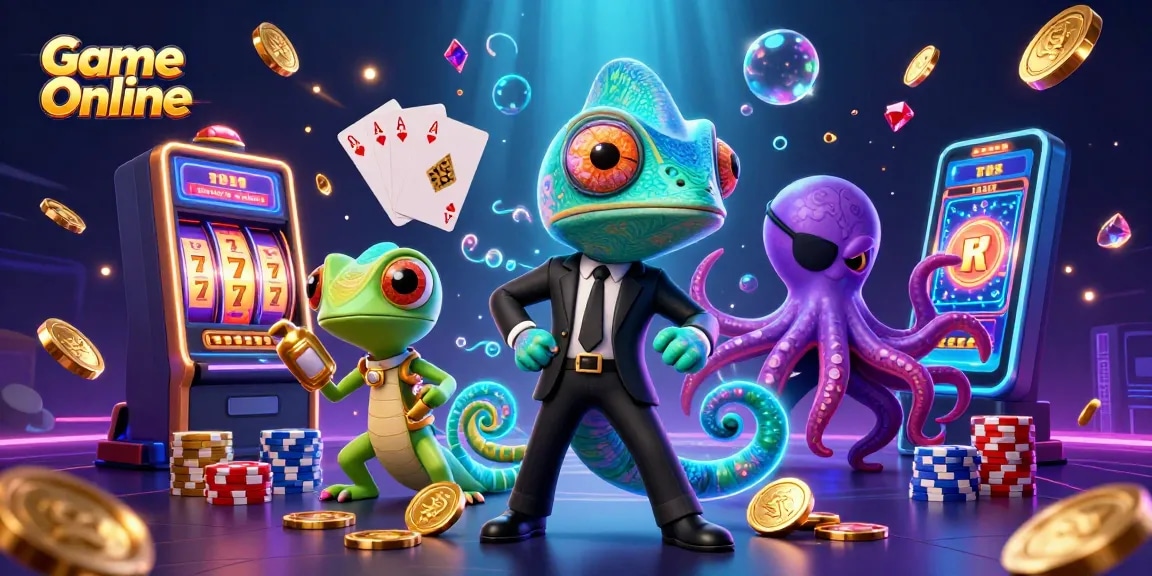 Play Game Online with vibrant casino elements and action-packed characters in a colorful illustration.