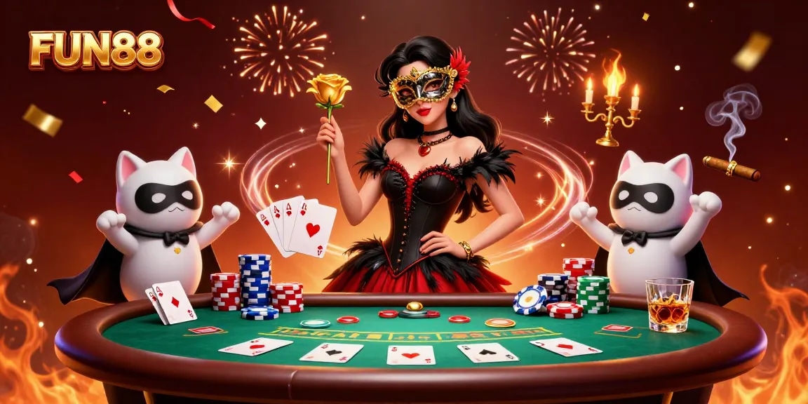 Experience the excitement of FUN88 with this vibrant 3D casino scene, showcasing poker elements.