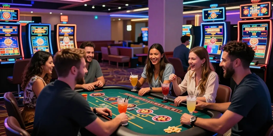 Players enjoying vibrant gaming at credit card deposit casinos with lively atmosphere and diverse friends