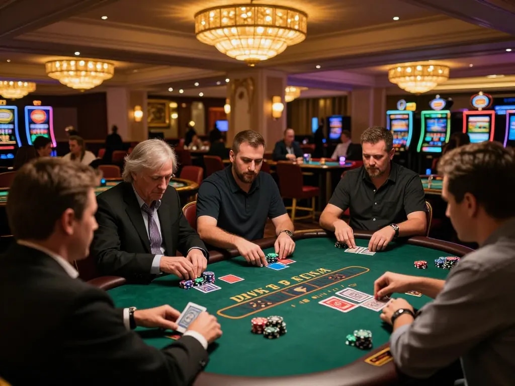 Mẹo chơi tài xỉu at an elegant casino blackjack table with players making strategic bets