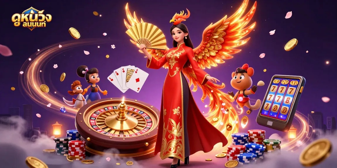 Experience ดูหนังออนไลน์ with a stunning casino scene featuring golden coins, a graceful ao dai woman, and a phoenix.