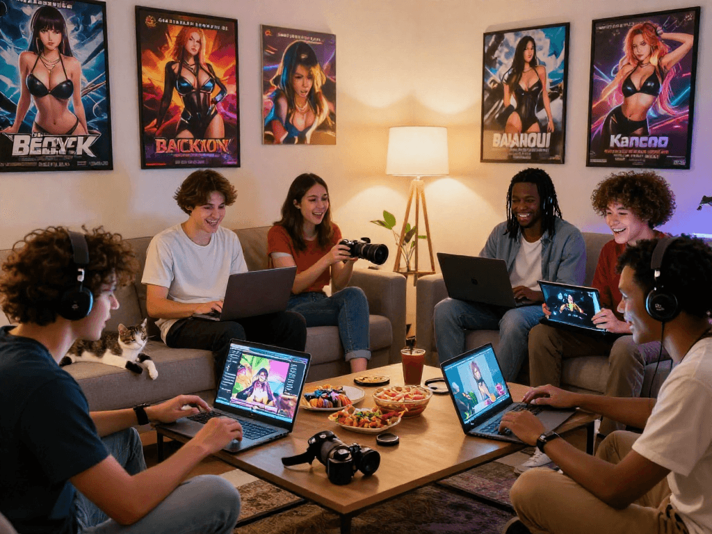 Group of friends enjoying a hentai game night with laptops and snacks.